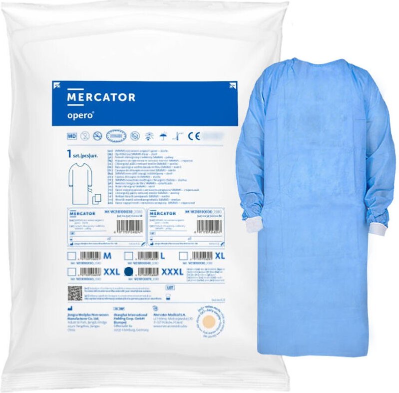 Steriler Kittel in Größe XXXL mit Manschette und Bändern zum Binden (35 g SMS-Vliesstoff), 1 Stück.