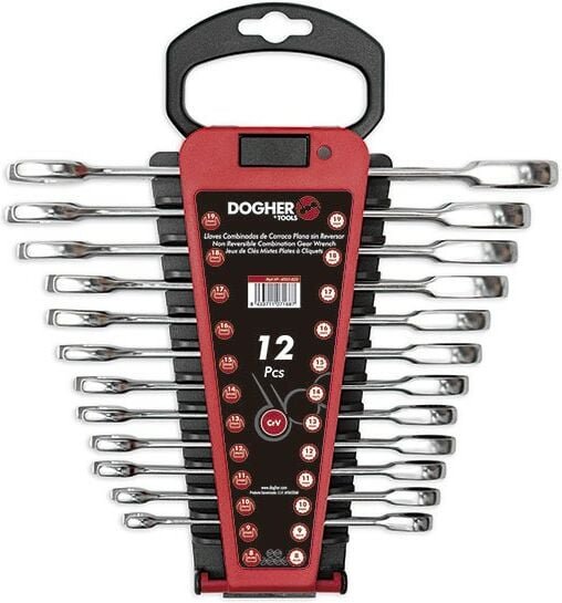 Set mit 12 Ring-Maulschlüsseln flache Ratsche ohne Rückwärtsgang Dogher 4557-022
