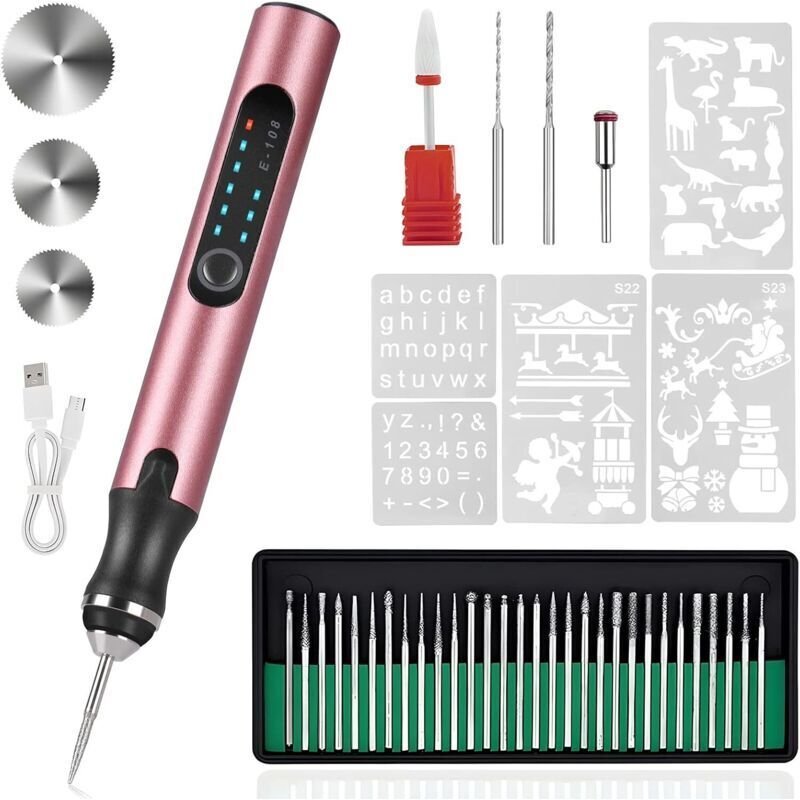 Elektrischer Gravierstift – USB-wiederaufladbares Gravierwerkzeug-Set – mit 37 Spitzen und 5 Designs (Roségold)