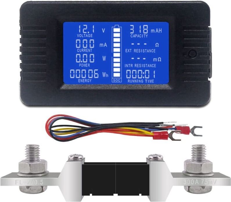 Digitales LCD-Multimeter, Energiemonitor, Spannungs-, Strom-, Kapazitäts-, Ohm- und Betriebsstundenzähler, SOC-Messgerät...