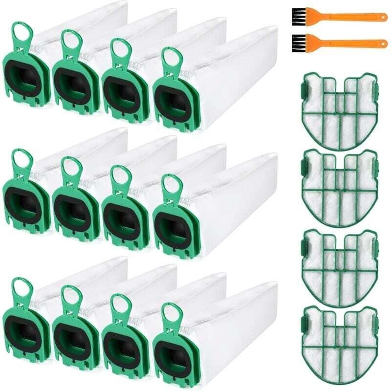 12 Staubsaugerbeutel für Vorwerk Kobold VB100 VB100 FP100 FP100, Ersatzset mit 4 Motorfiltern und 2 Reinigungsbürsten.