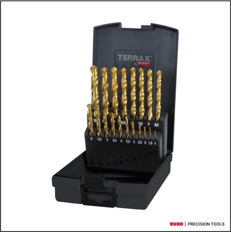 RUKO Spiralbohrer Satz DIN 338 Typ N HSS-TiN geschliffen in Kunststoffkassette (ABS) 19 Bohrer