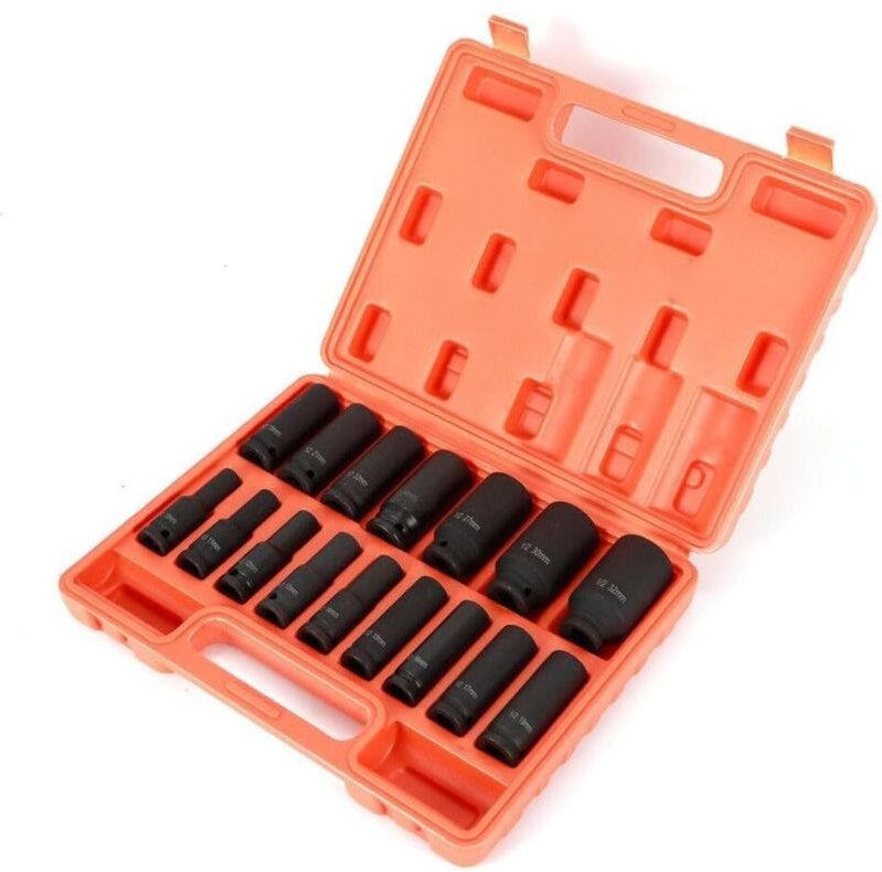 16 tlg Schlagschraubernüsse 10-32mm, 1/2 Zoll Lang Schlagnüsse Steckschlüssel Satz Nusssatz Nüsse Kfz Stecknüsse