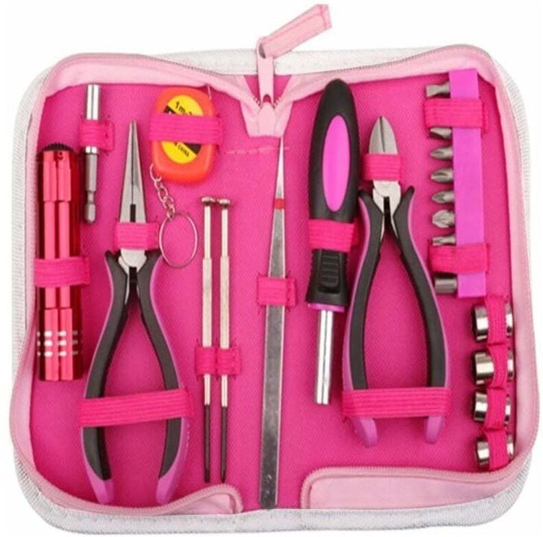 Sollbry - 23-teiliges rosafarbenes Werkzeugset für Damen mit rosa Nylon-Aufbewahrungskoffer für Heimwerker- und Heimbüro...