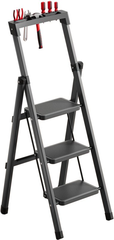 Klappleiter - Dreistufige Leiter mit Werkzeugablage und rutschfesten Fußpolstern, Tragfähigkeit 150 kg, verbreiterte Stu...