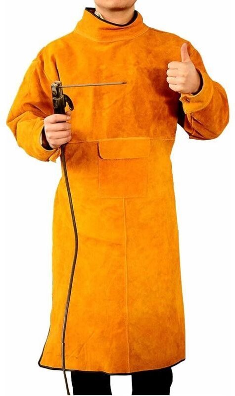 (XL-105 cm) Unisex-Schweißerschürze aus Rindsleder – gelb mit Ärmeln und Kragen, Schutzschürze für Werkstattarbeiten, fu...