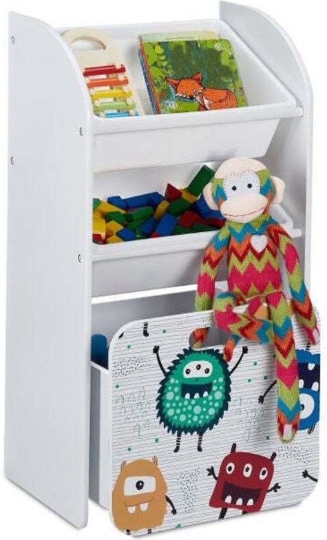 Narrow toy storage unit with monsters