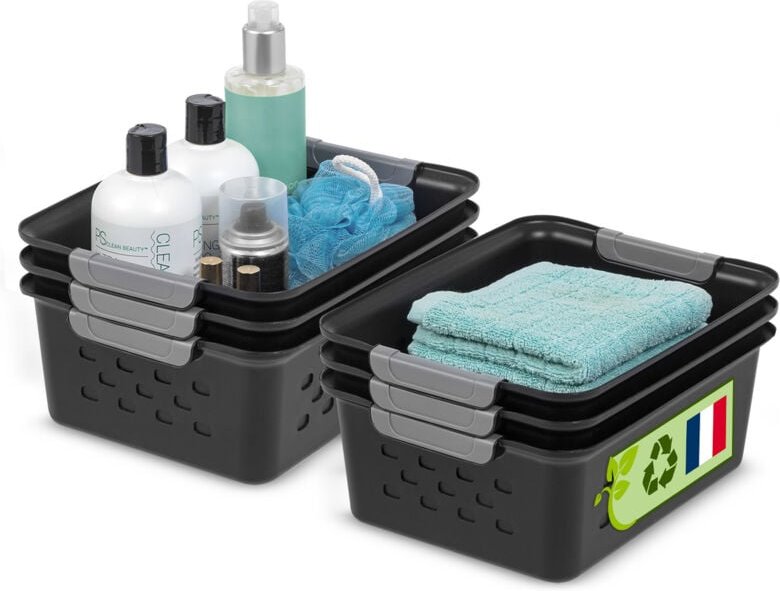 Iris Ohyama - Paniers d'étagère en Plastique Polyvalent, Ouvert, Noir, 5L, Lot de 6, Empilable, Ventilation, Contenu Vis...