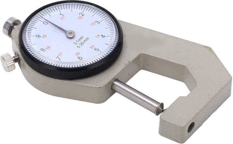 Dickenmesser, Aluminiumgehäuse mit übersichtlicher Skala, kleiner Stoffdickenmesser (spitzer Kopf 0-20 mm)