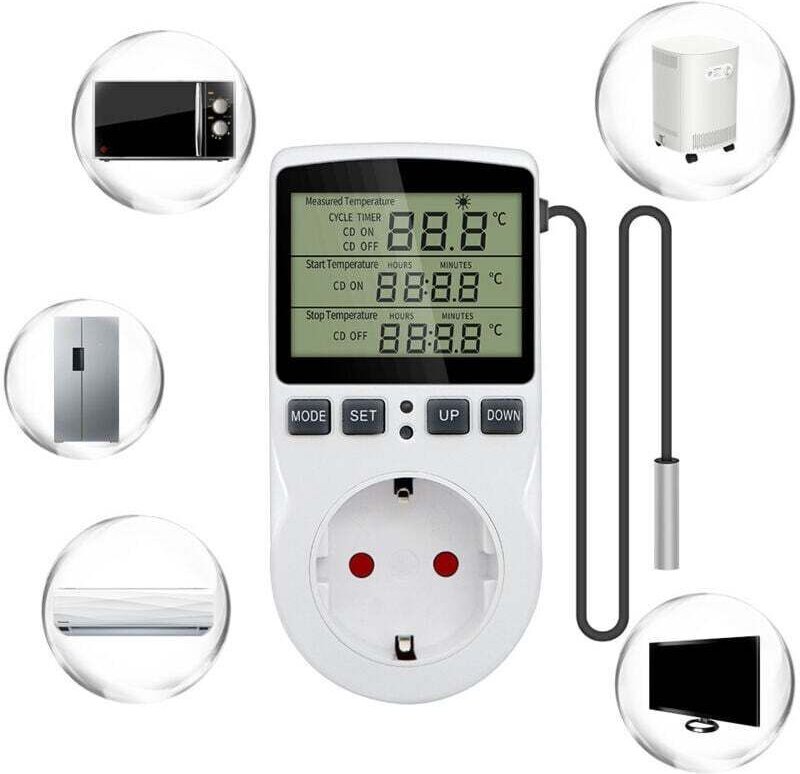 220-V-Digital-Temperaturregler-Stecker mit Sonde für Heizung und Kühlung, LCD-Temperaturregler-Stecker für Kühlschrank, ...