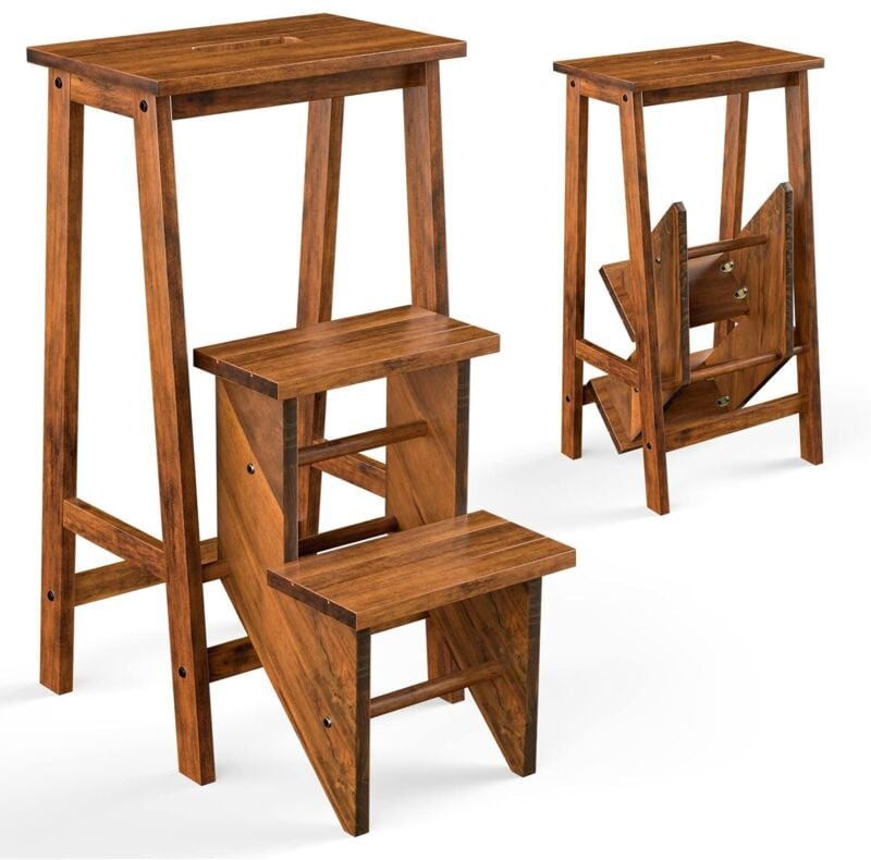 3 Stufen Tritthocker aus Holz, Klapphocker Mit Tragegriff & Rutschfester Trittfläche, Leiterhocker klappbar, Trittleiter...