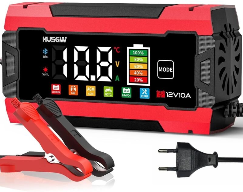 Autobatterieladegerät – 12V/24V 8A Smart-Ladegerät – Automatische Reparaturfunktion, tragbar mit LCD-Display, für Auto, ...