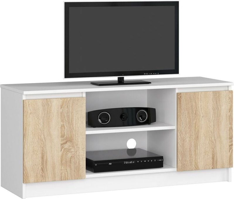 Tv Schrank Akord Fernsehkommode 120 cm Weiß 2 Türen 2 Ebenen Front Sonoma-Eiche B120 x H55 x T40 cm