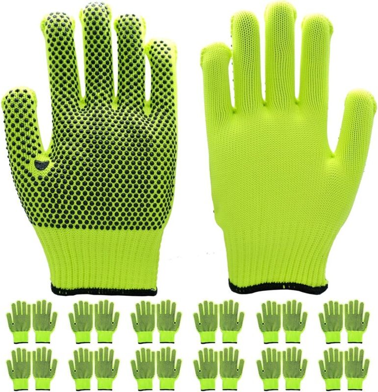 12 Paar High-Visibility-Baumwoll-Arbeitshandschuhe mit Anti-Rutsch-Punkten für Männer und Frauen, atmungsaktive Baumwoll...