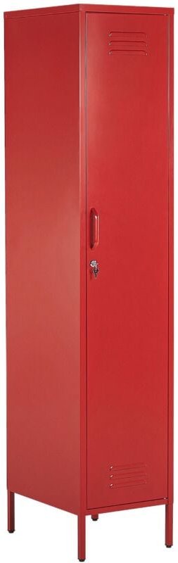 Metallschrank Rot Stahl 185cm hoch Modern mit abschließbarer Tür Kleiderstange 2 Türhaken 5 Fächern Wohnzimmer Schlafzim...