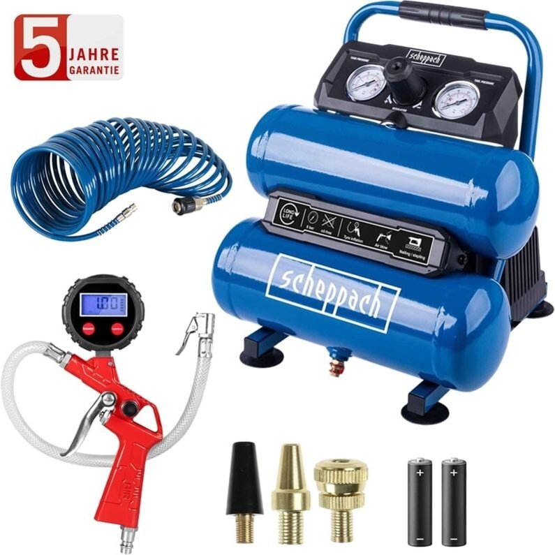 Scheppach - Kompressor HC10-Twin 8bar 2×3,75L Set Spiralschlauch & Reifenfüller