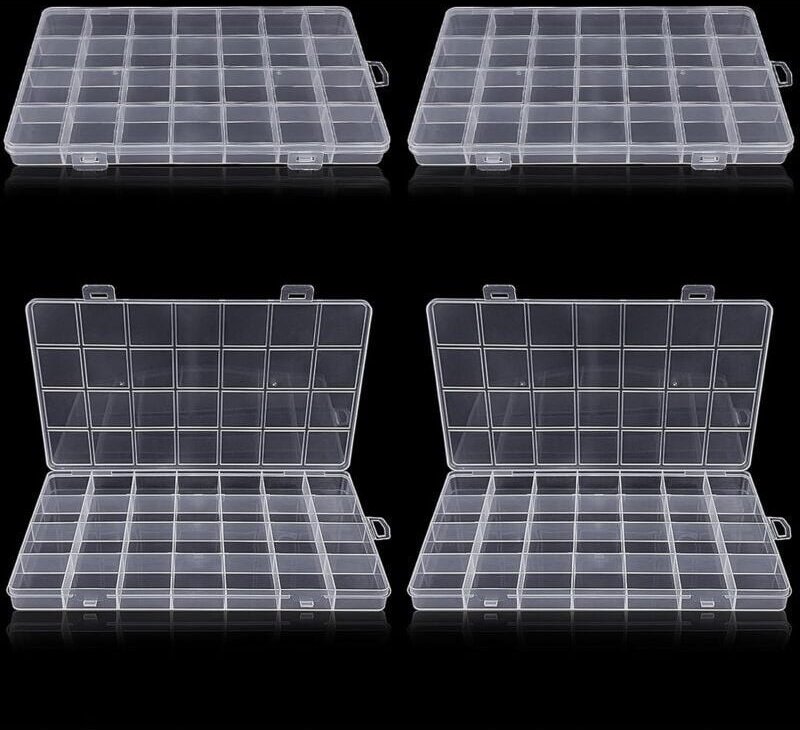 KZQ - 4 Stück) Kunststoff Aufbewahrungsbox mit 28 Fächern, transparente Fächerbox, für kleine Kunststoffteile mit Etiket...