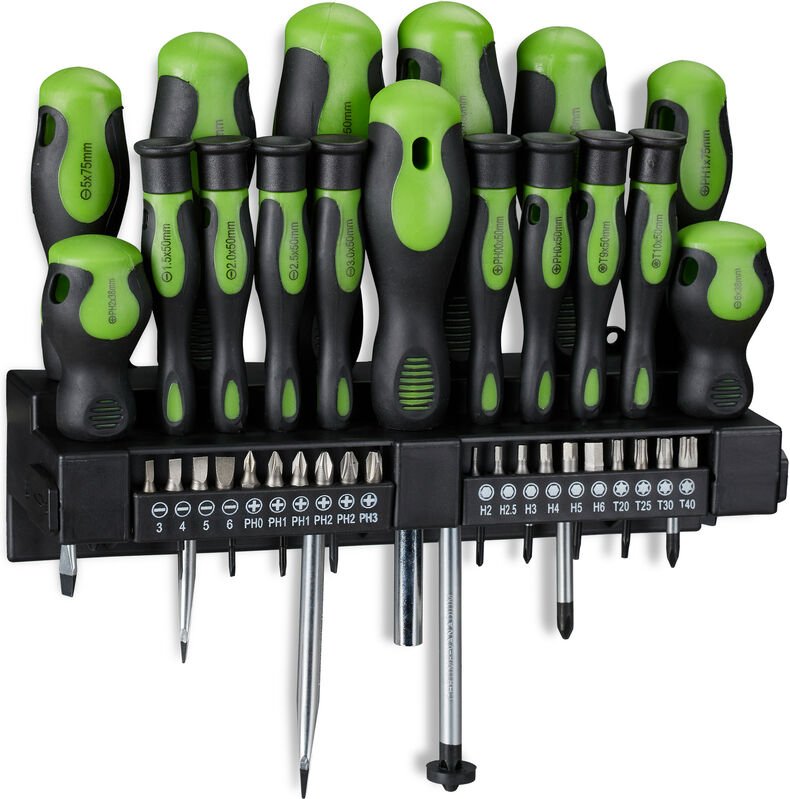 Relaxdays - Schraubendreher Set xxl, 37-teiliges Werkzeug Set, Kreuz & Schlitz, inkl. Bits, Wandhalterung, schwarz/grün