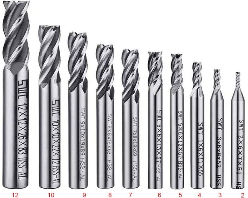 Ersandy - 10-teiliges Bohrer-Set mit 4 Nuten – 2–12 mm Schaftfräser – HSS-CNC-Bohrer-Set mit geradem Schaft für Bohrer –...