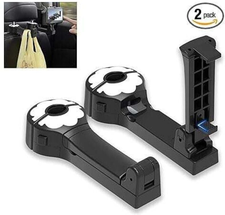 Kopfstützenhaken mit Handyhalterung, 2er-Pack, verbesserte 2-in-1-Kopfstützenhaken für die Rückbank, 360° drehbarer Hake...