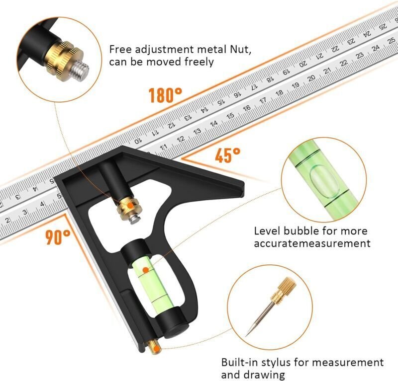 Kombinationswinkel, 12'/300 mm Edelstahl-Winkel für Holzbearbeitungswerkzeuge, 45/90-Grad-Lineal mit Wasserwaage.