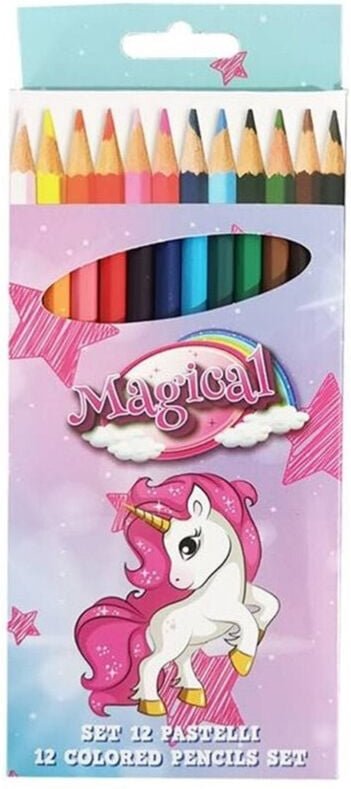 Trade Shop - Set 12 Buntstifte Farbstifte Farbige Farben Einhorn Design Schule Kinder Schreibwaren 735218 -