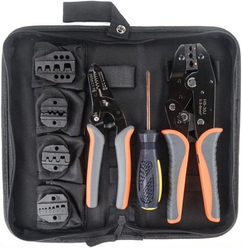 Crimpzange Set 5 in 1 mit Ratschenfunktion – Inkl. 5 Wechselbacken, Abisolierzange & Schraubendreher, Profi Crimpwerkzeu...