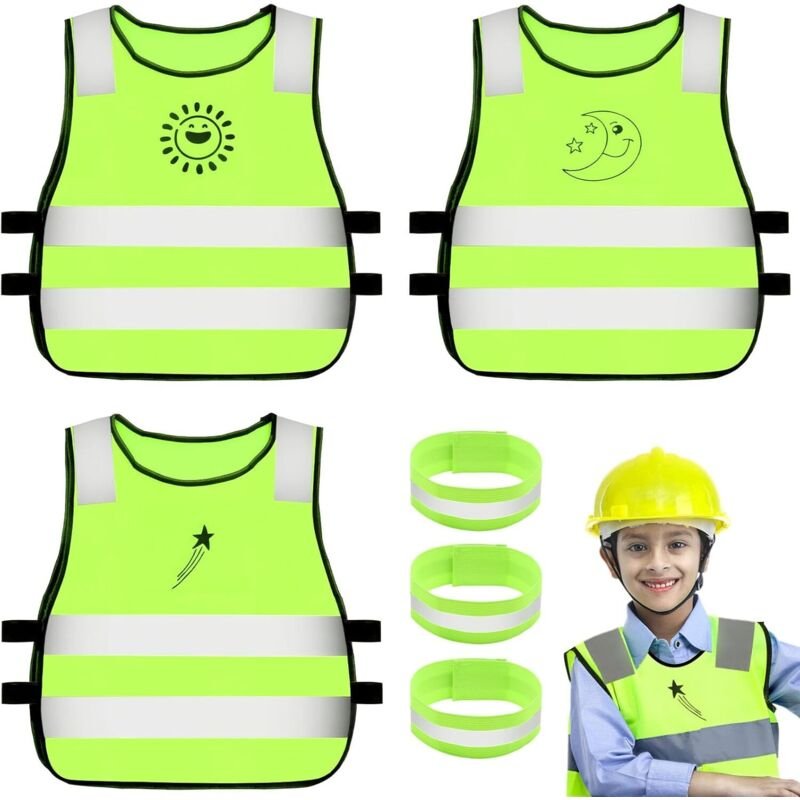 3X Warnweste Kinder Neongelb mit Reflektorband - Gemusterte Sicherheitskleidung für Auto, Fahrrad & Schulweg (Gelb)