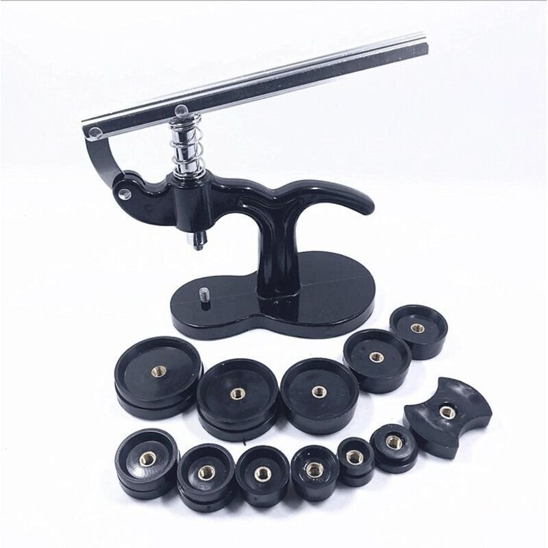 Uhrengehäusepresse – Uhrenreparaturwerkzeug – Werkzeug zum Versiegeln des Uhrenbodens – 12 Formgrößen enthalten