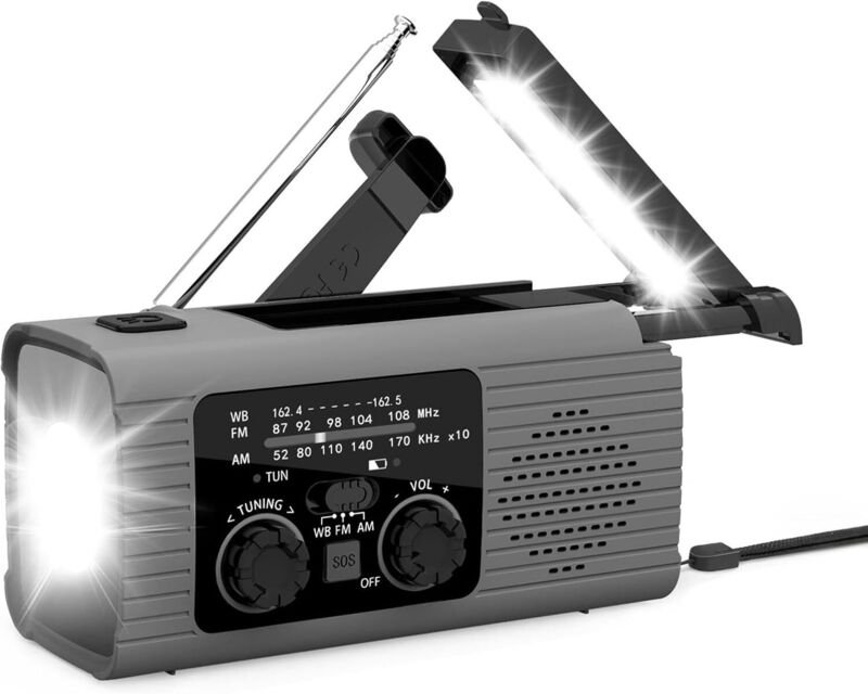 Handkurbel-Wetterradio, Handkurbelradio – tragbares AM/FM/NOAA-Radio – Survival-Radio-Taschenlampe, 3-Wege-Lade-SOS-Alar...