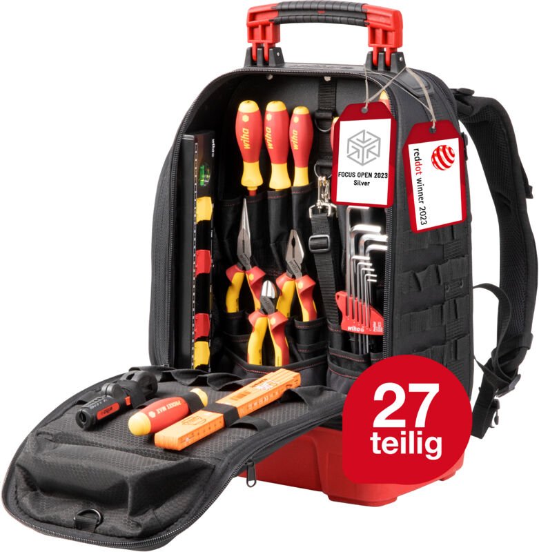 Elektriker Werkzeugrucksack 27-tlg., mit Elektriker Grundausstattung, stabiler Standboden, mit Laptopfach, Taschen für Z...