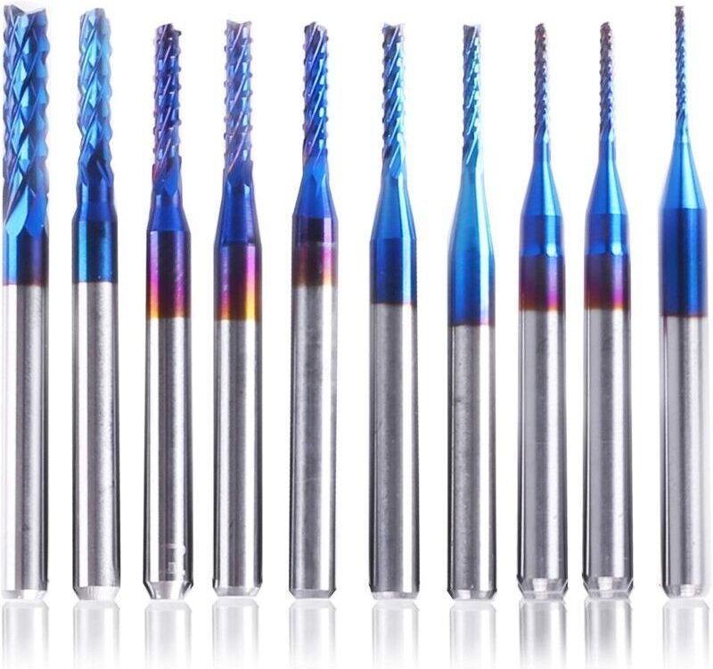 10 Stück Nano-CNC-Fräser mit blauer Beschichtung, 0,8–3 mm, 1/8-Zoll-Schaft