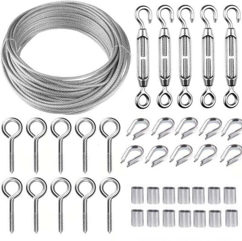 Edelstahl-Aufhängeseil-Set, 30 m/2 mm beschichtetes Edelstahlseil mit M5-Drahtspannern, 2 mm Metallseil-Set für Kletterp...