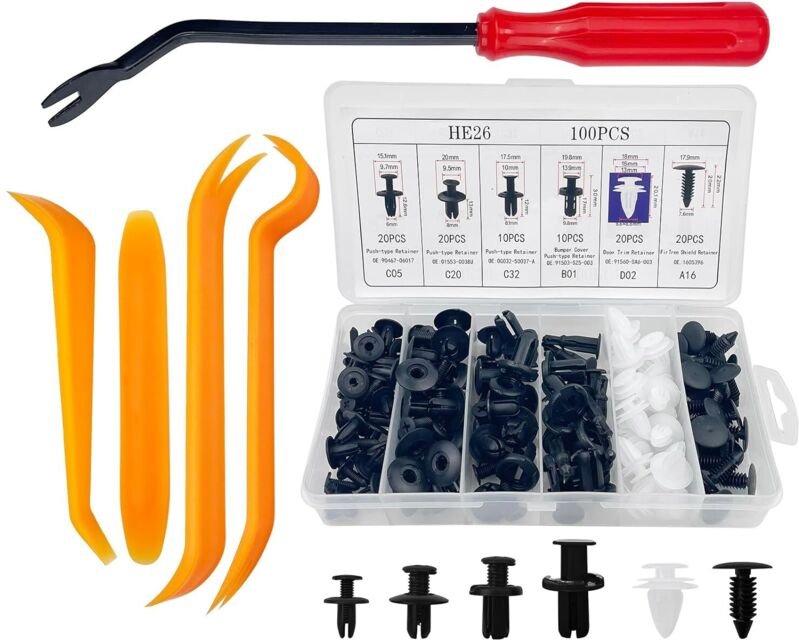 100 Stück Auto-Befestigungsclips, 6 Kunststoffnieten und 4 Auto-Zierleistenecken plus ein Werkzeug zum Entfernen von Bef...