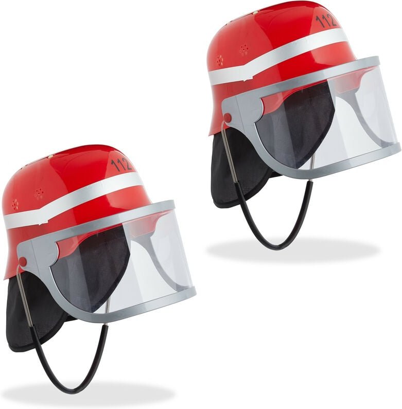 Relaxdays Feuerwehrhelm Kinder 2er Set, verstellbar, klappbares Visier, Nackentuch, Feuerwehr, HBT 24,5x22,5x28 cm, rot