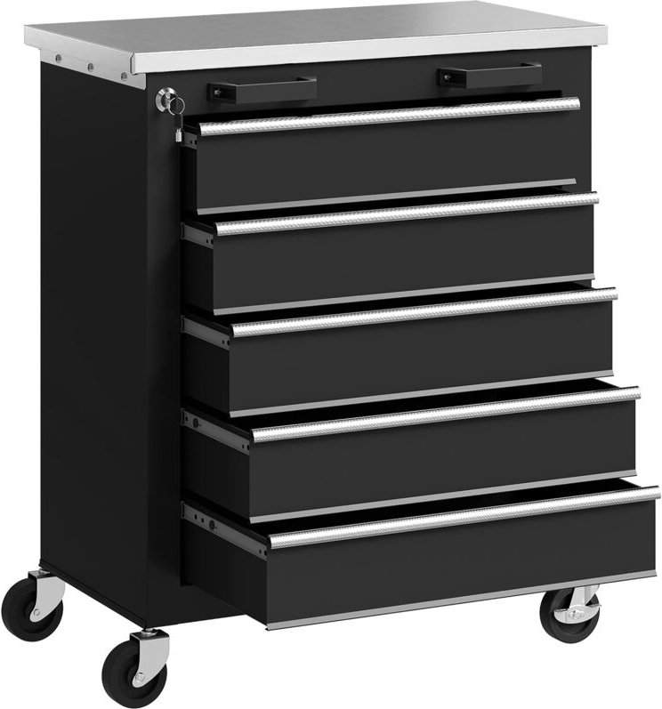 Werkzeugschrank mit 5 Schubladen, rollbare Werkzeugkiste, Werkzeugwagen aus Stahl, Silberton+Schwarz