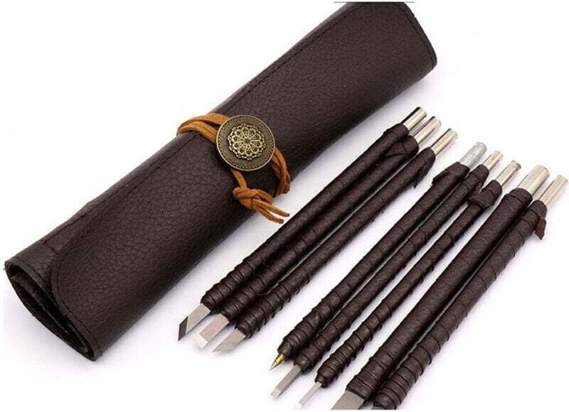 Holzbearbeitungs-Stechbeitel, 2–8 mm, Wolframkarbid, Flachspitze, 150 mm Länge, mit Ledergriff, 10-teiliges Set