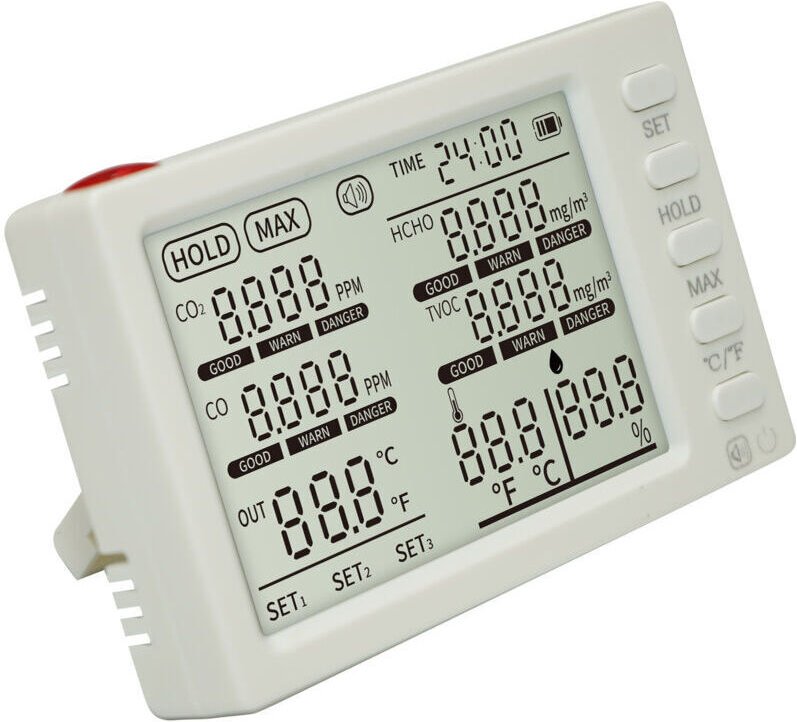 8-in-1 Innenraumluftqualitätsmonitor, tragbarer Detektor für CO₂, HCHO, TVOC, CO, Temperatur, Luftfeuchtigkeit, Außentem...