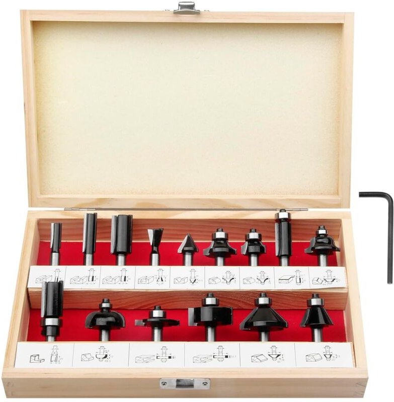 Pro 15tlg. Fräser Set für Holz - Hartmetall Fräsersatz, Zubehör Oberfräsen mit 8mm Schaft, in Robuster Holzbox.