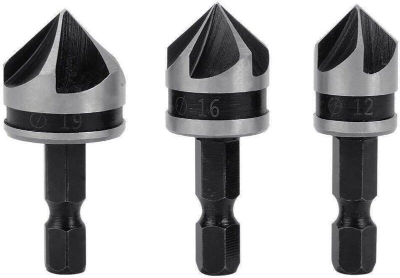 3 Stück 1/4"-Sechskant-HCS-Fasenbohrer mit 5 Schneiden zum Anfasen und Senken von Holz und Metall (12 mm/16 mm/19 mm).
