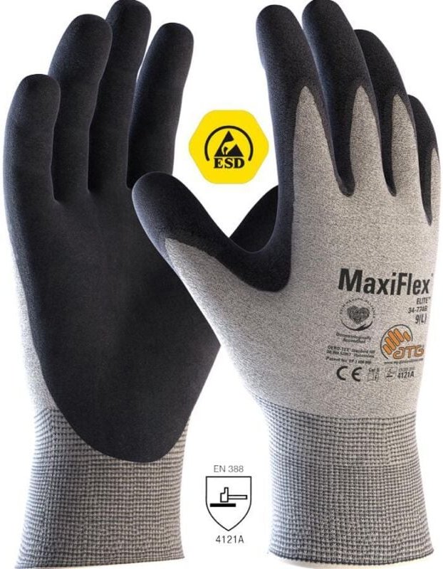 MaxiFlex® Elite™ ESD Nylon-Strickhandschuhe (34-774B), Hellgrau/Schwarz