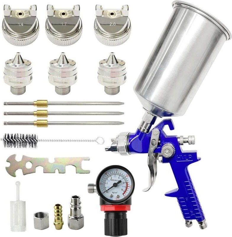 Pistolet à peinture 1000cc 3 Buses 1.4mm 1.7mm 2.0mm, Pistolet à Pulvérisation à Alimentation par Gravité avec régulateu...