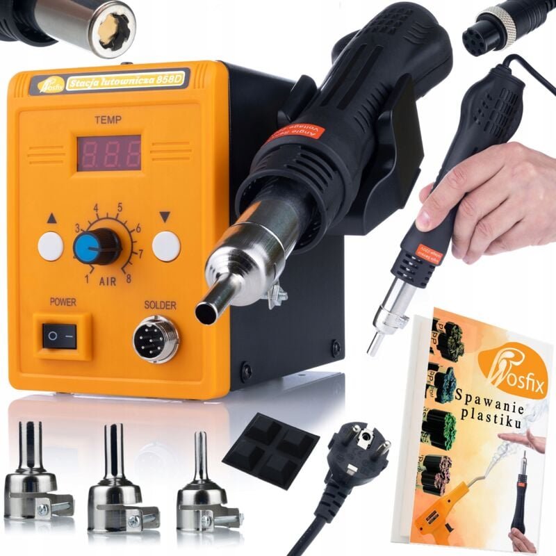 Rosfix Set Heißluft-Lötstation 858D – 700 W, 100–500 °C, 3 Düsen + But-Düse 8×9 mm + 100 Kunststoff-Schweißdrähte Für El...