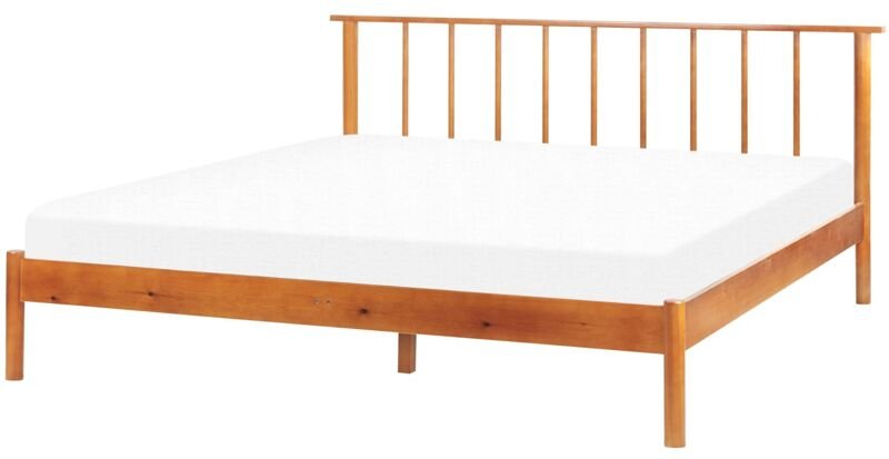 Bett Hellbraun Kiefernholz mit Lattenrost 160 x 200 cm Hohes Kopfteil Lamellenoptik Modern Skandi Design Schlafzimmer Au...