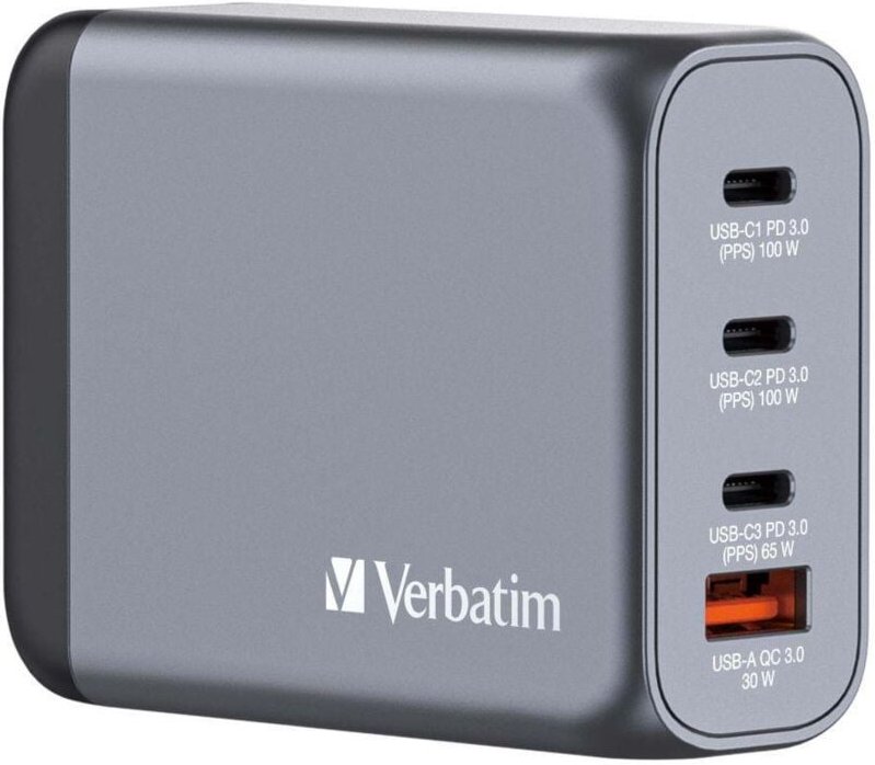 Verbatim GaN GNC-100 Wandladegerät 3xUSB-C PD (2x100W+65W) 1xUSB-A QC 3.0