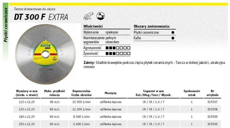 KLINGSPOR VOLLDIAMANTSCHEIBE 230 mm x 1,9 mm x 22,2 mm DT300F, KERAMIK