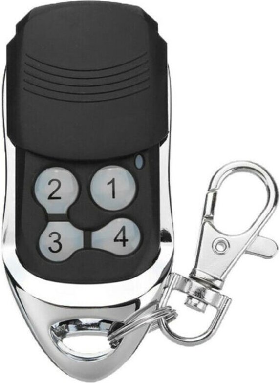 Schwarzes ferngesteuertes Garagentor mit 1 DITEC GOL4 BIXLG4 433,92 MHz Fernbedienung und DITEC Scrollcode.