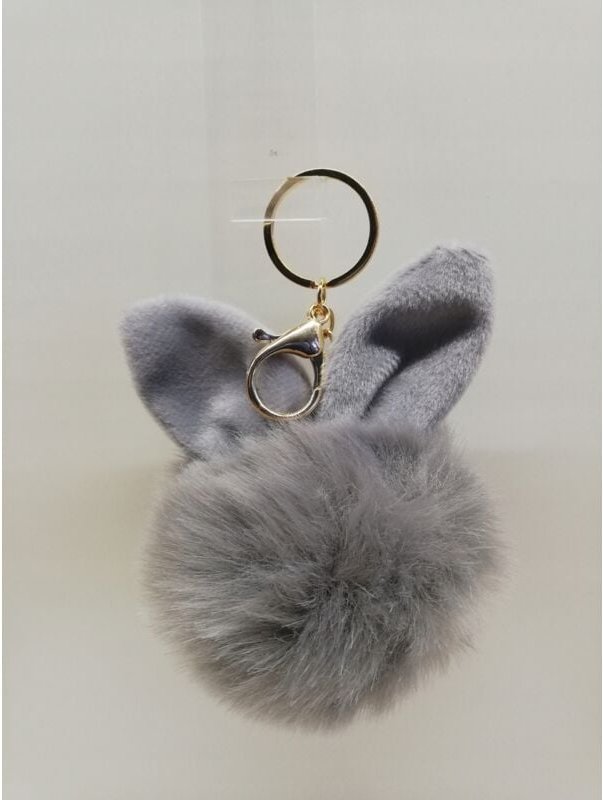 Schlüsselanhänger Pelzpompom Kaninchenohren Grau Für Auto