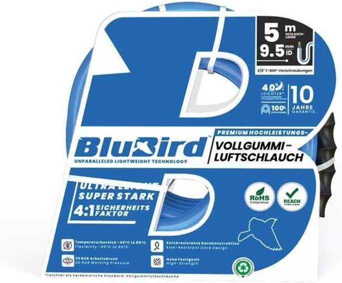 Werkstattschlauch-Set BluBird Innen-Ø 9,5 mm Außen-Ø 15,5 mm Länge 5 m Sicherheitskupplung G1/2 ″