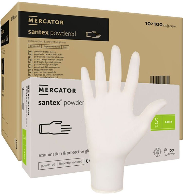 Latexhandschuhe Größe S, gepudert, Santex-Fingerschutzhandschuhe, 100 Stück, Karton mit 10 Packungen